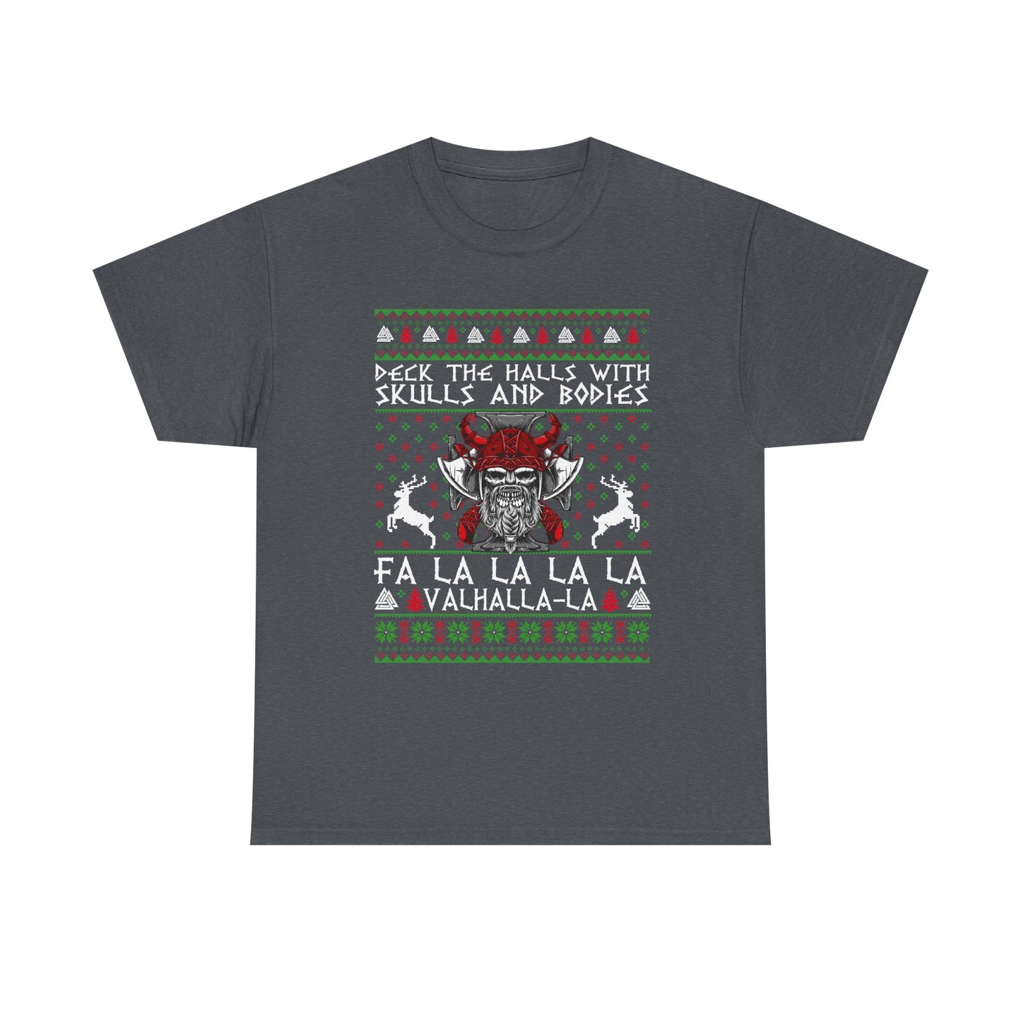 Unisex Heavy Cotton Tee - 'Deck the Halls with Skulls and Bodies' Christmas Graphic Tee