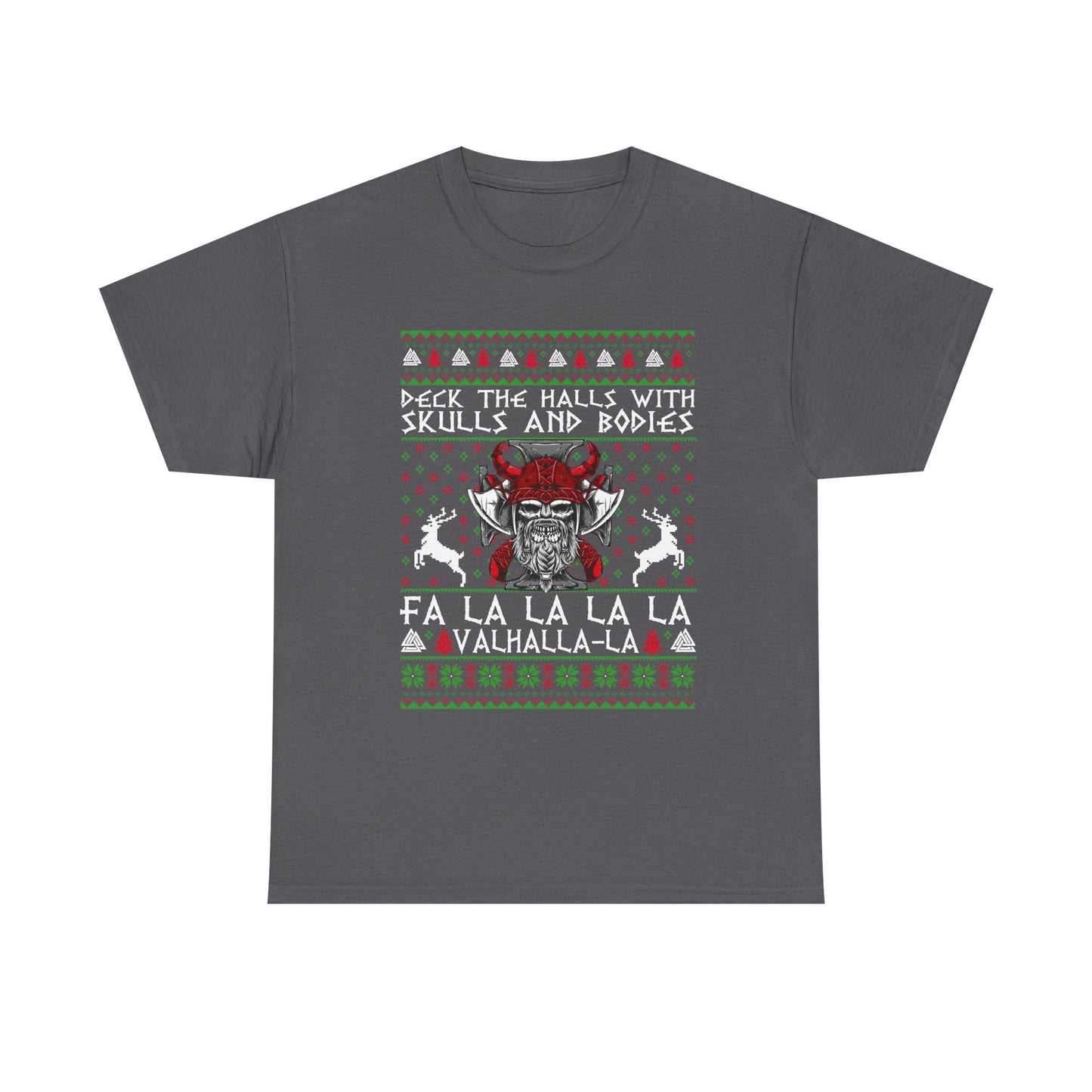 Unisex Heavy Cotton Tee - 'Deck the Halls with Skulls and Bodies' Christmas Graphic Tee