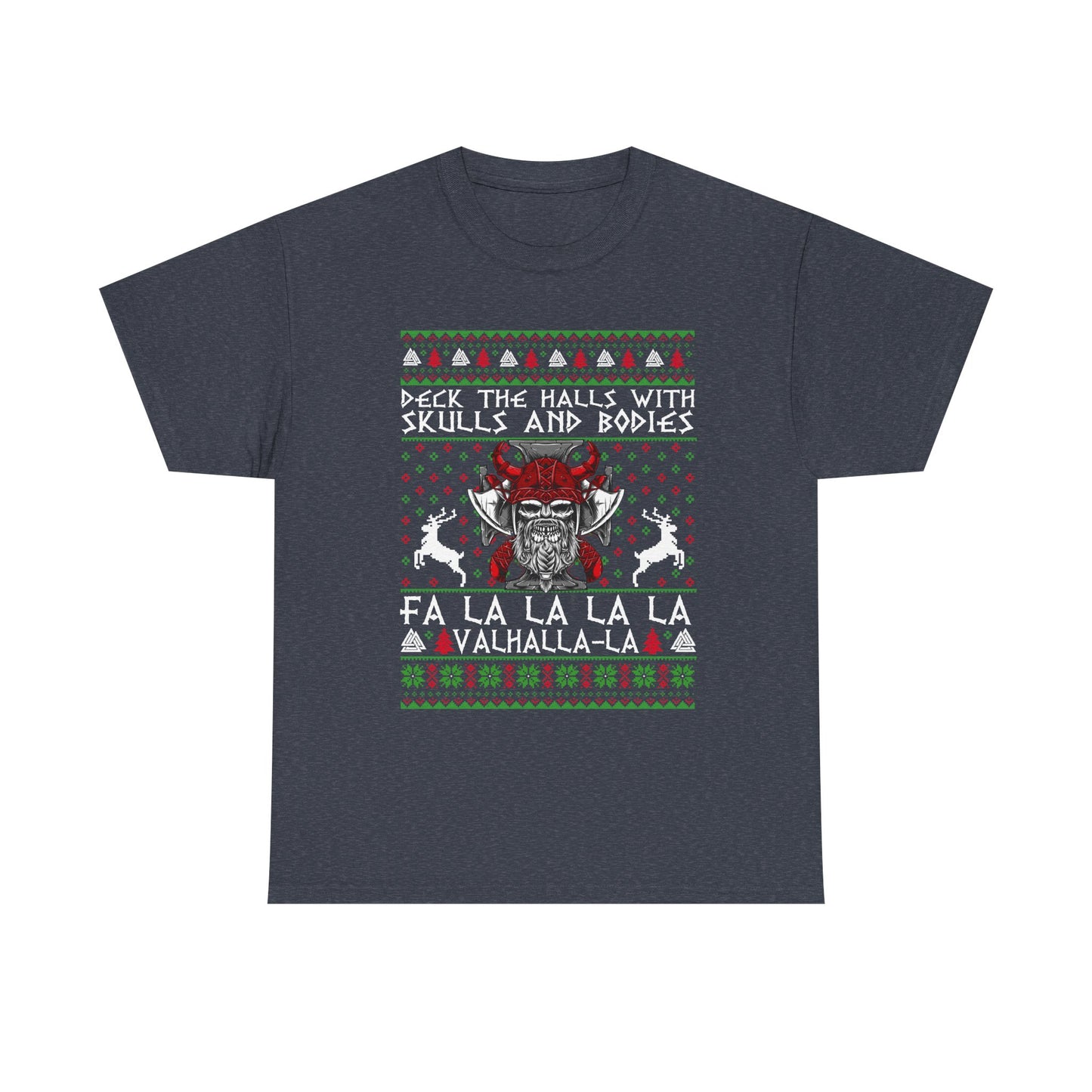 Unisex Heavy Cotton Tee - 'Deck the Halls with Skulls and Bodies' Christmas Graphic Tee