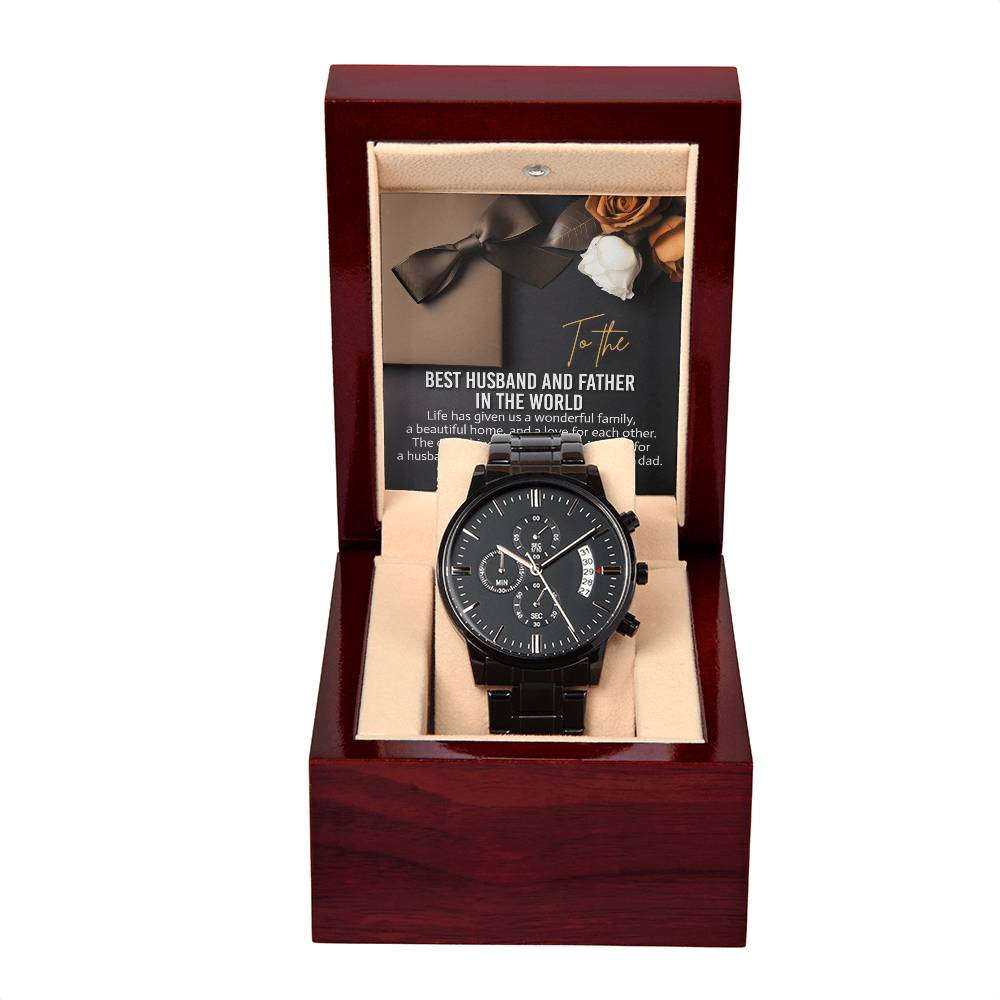 Husband-For Each Other-Black Chronograph Watch with Mahogany Box