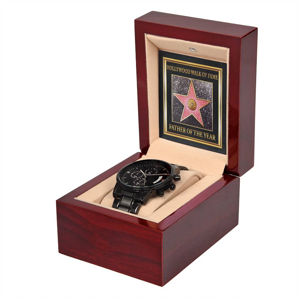 Father-Walk Of Fame-Black Chronograph Watch with Mahogany Box