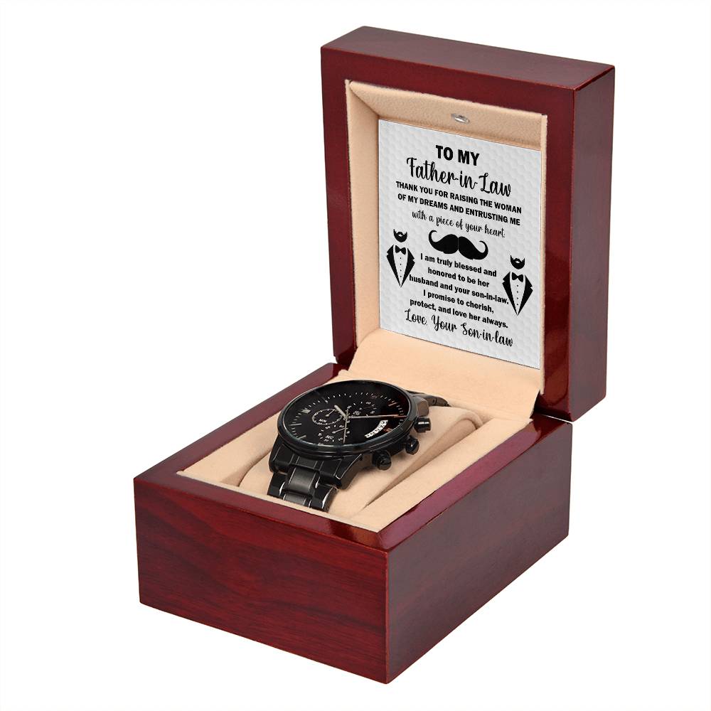 Father-in-Law-Thank You For- Black Chronograph Watch with Mahogany Box