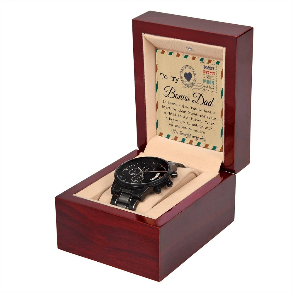 Bonus Dad-Heal A Heart-Metal Chronograph Watch Black Chronograph Watch with Mahogany Box