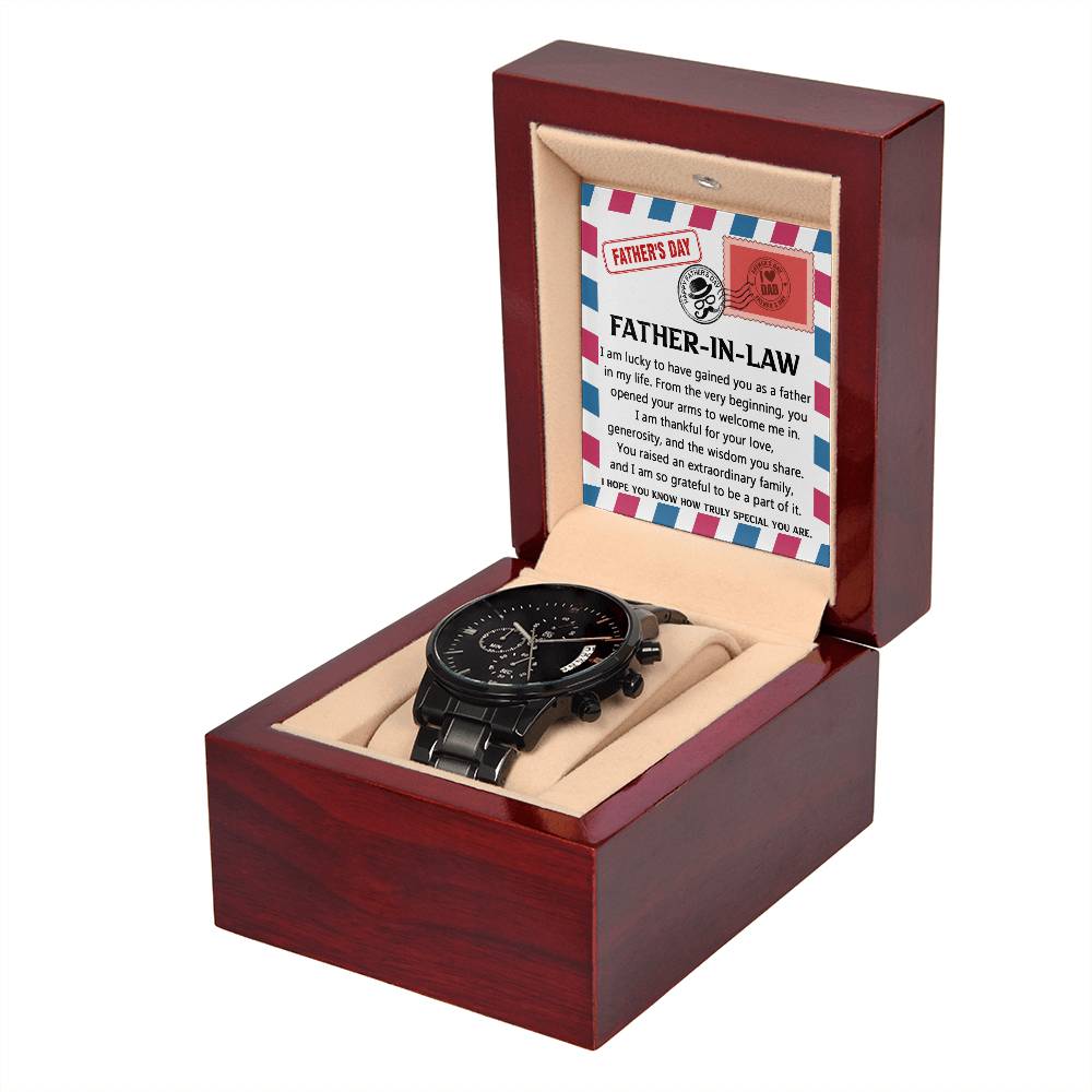 Father-in-law-As A Father-Black Chronograph Watch with Mahogany Box