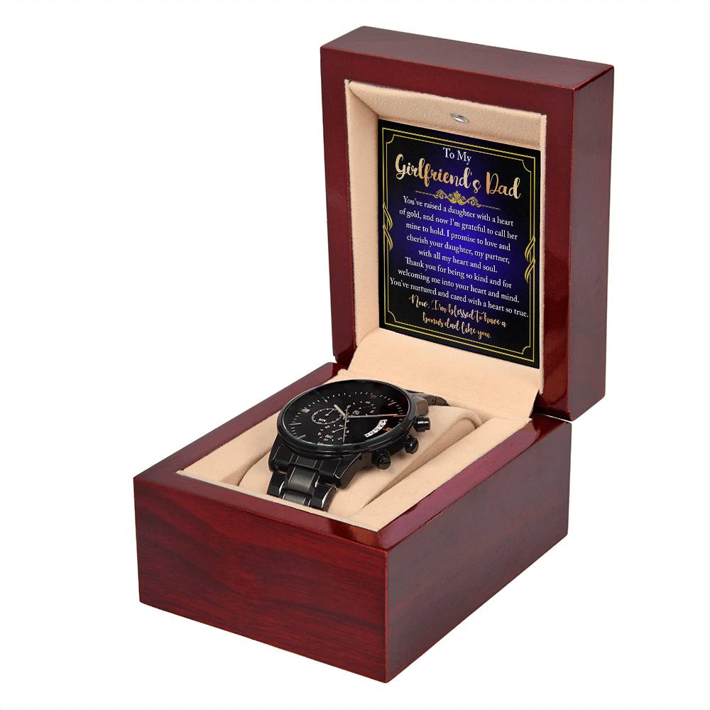 Girlfriend_s Dad-Heart Of Gold- Black Chronograph Watch with Mahogany Box