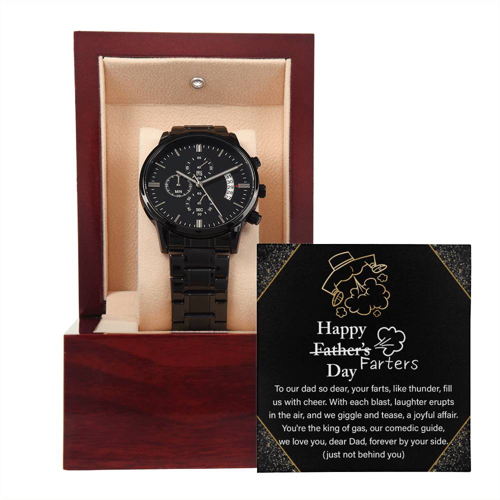 Dad-Farter_s Day-Metal Chronograph Watch Black Chronograph Watch with Mahogany Box