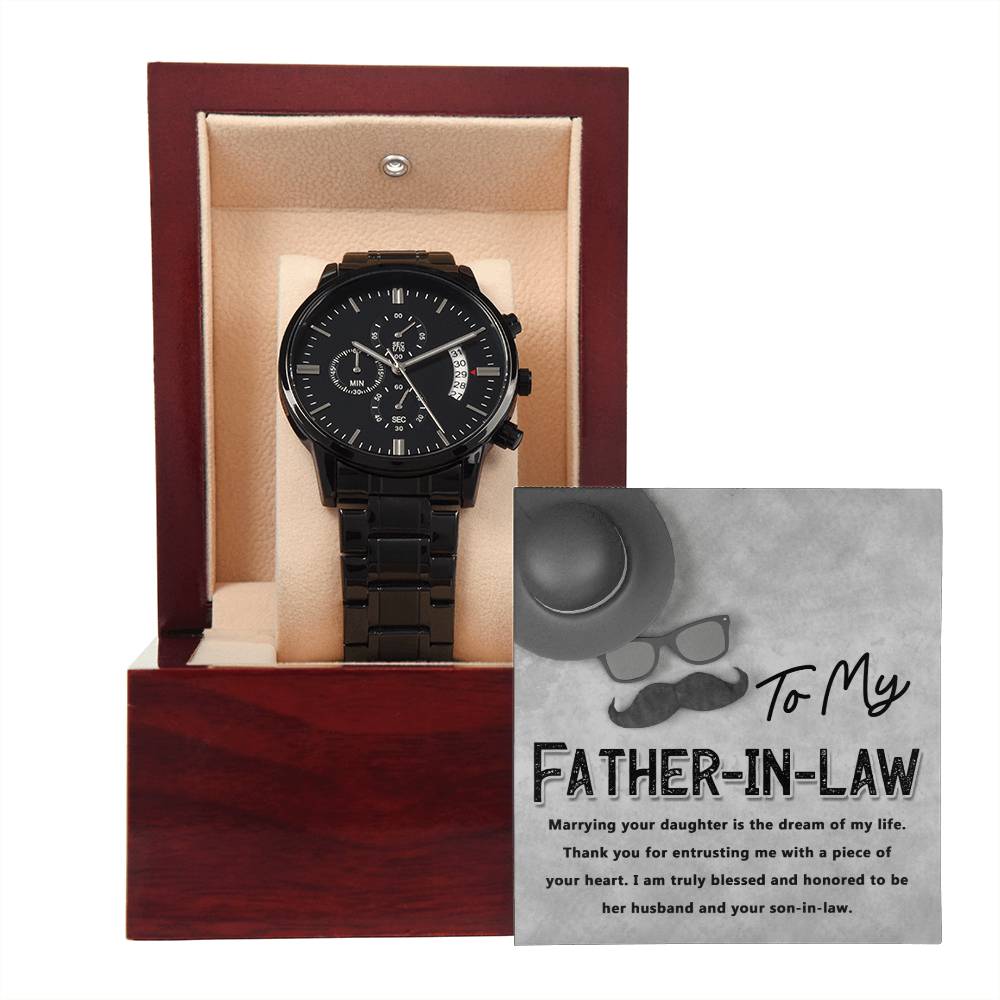 Father-in-Law-Honored To Be-Black Chronograph Watch with Mahogany Box