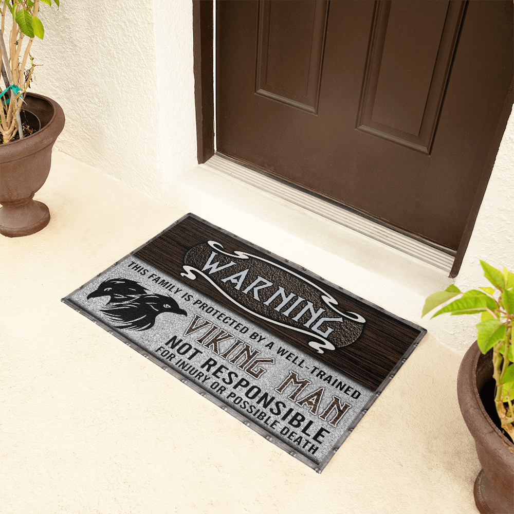 Warning! This Family Is Protected By A Well-Trained Viking Man. Not Responsible For Injury Or Possible Death. Funny Norse Door Mat
