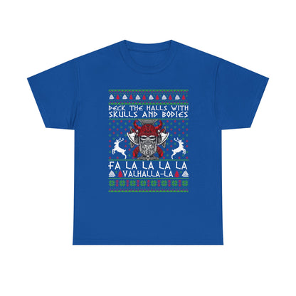Unisex Heavy Cotton Tee - 'Deck the Halls with Skulls and Bodies' Christmas Graphic Tee