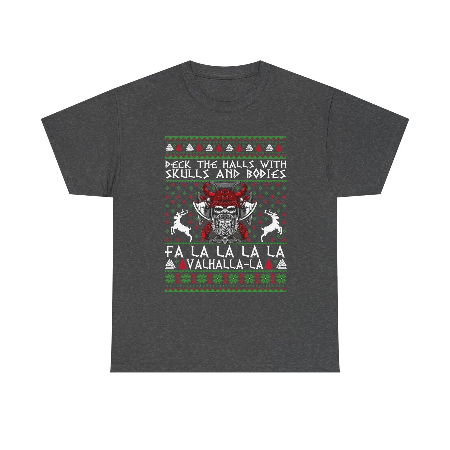 Unisex Heavy Cotton Tee - 'Deck the Halls with Skulls and Bodies' Christmas Graphic Tee