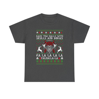 Unisex Heavy Cotton Tee - 'Deck the Halls with Skulls and Bodies' Christmas Graphic Tee