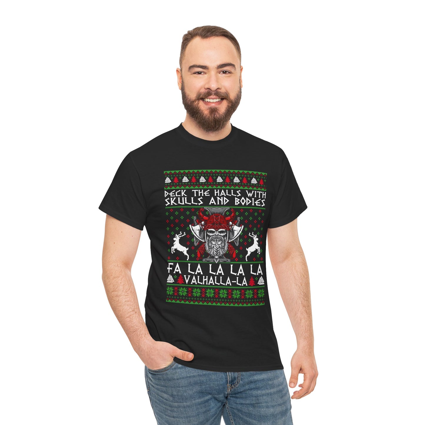 Unisex Heavy Cotton Tee - 'Deck the Halls with Skulls and Bodies' Christmas Graphic Tee