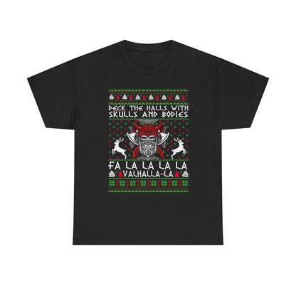 Unisex Heavy Cotton Tee - 'Deck the Halls with Skulls and Bodies' Christmas Graphic Tee
