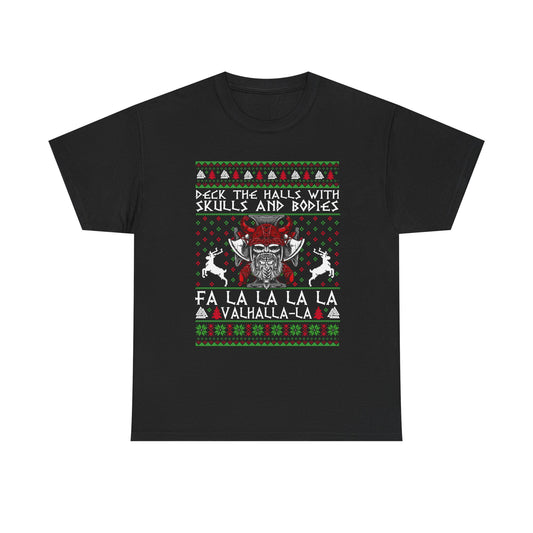 Unisex Heavy Cotton Tee - 'Deck the Halls with Skulls and Bodies' Christmas Graphic Tee
