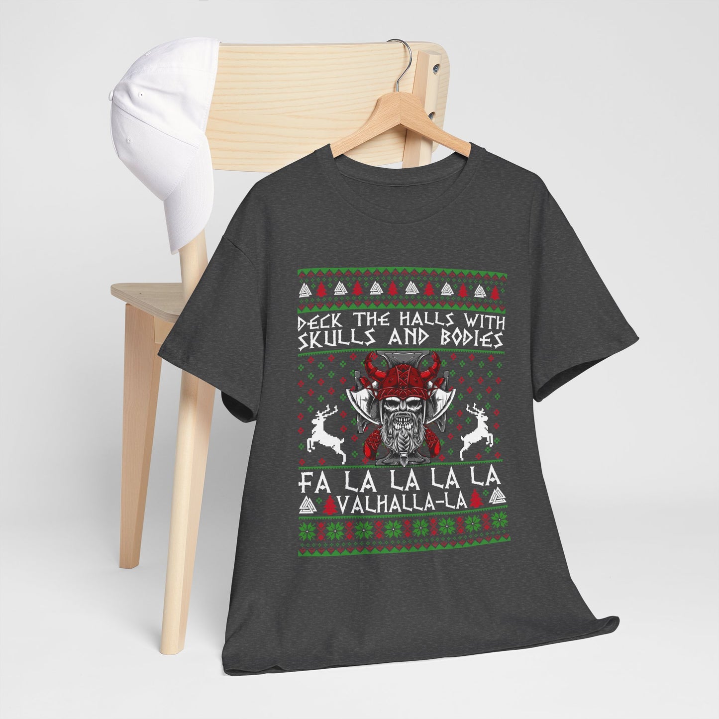 Unisex Heavy Cotton Tee - 'Deck the Halls with Skulls and Bodies' Christmas Graphic Tee