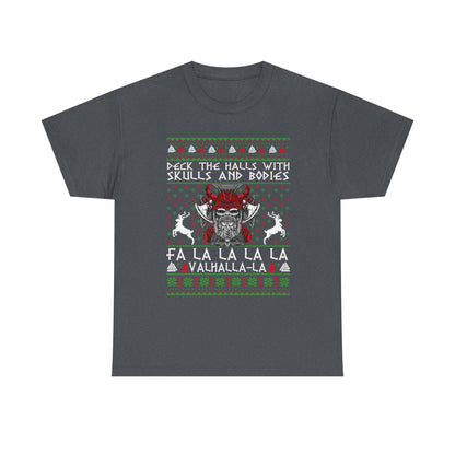 Unisex Heavy Cotton Tee - 'Deck the Halls with Skulls and Bodies' Christmas Graphic Tee