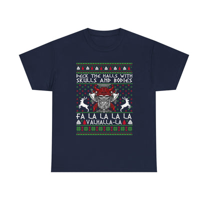 Unisex Heavy Cotton Tee - 'Deck the Halls with Skulls and Bodies' Christmas Graphic Tee