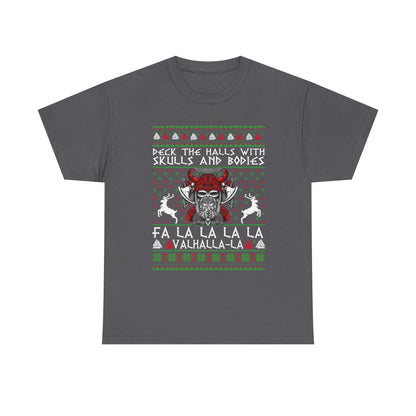 Unisex Heavy Cotton Tee - 'Deck the Halls with Skulls and Bodies' Christmas Graphic Tee