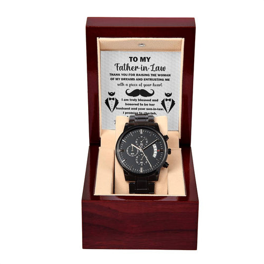 Father-in-Law-Thank You For- Black Chronograph Watch with Mahogany Box