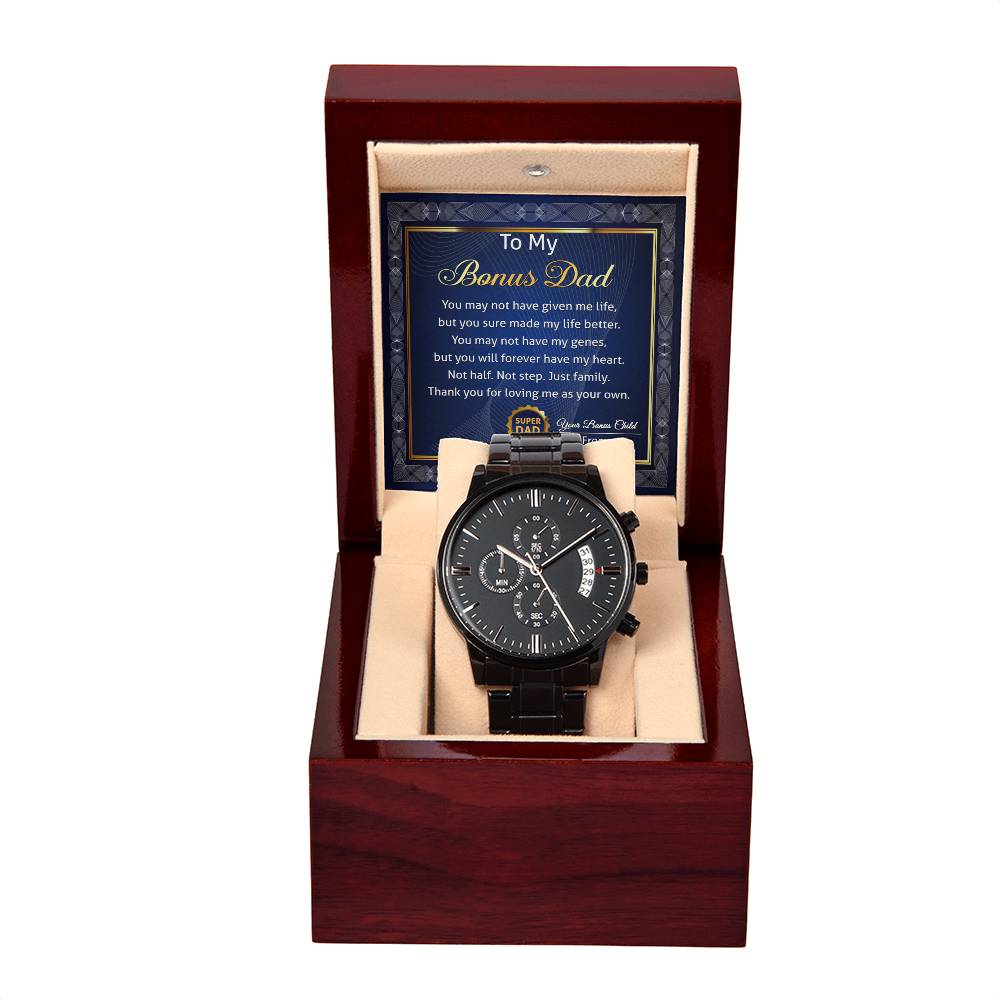 Bonus Dad-My Life Better-Metal Chronograph Watch Black Chronograph Watch with Mahogany Box