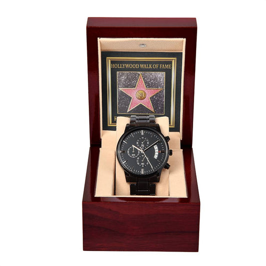 Father-Walk Of Fame-Black Chronograph Watch with Mahogany Box