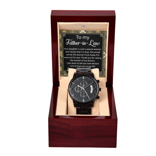 Father-In-Law-For You- Black Chronograph Watch with Mahogany Box