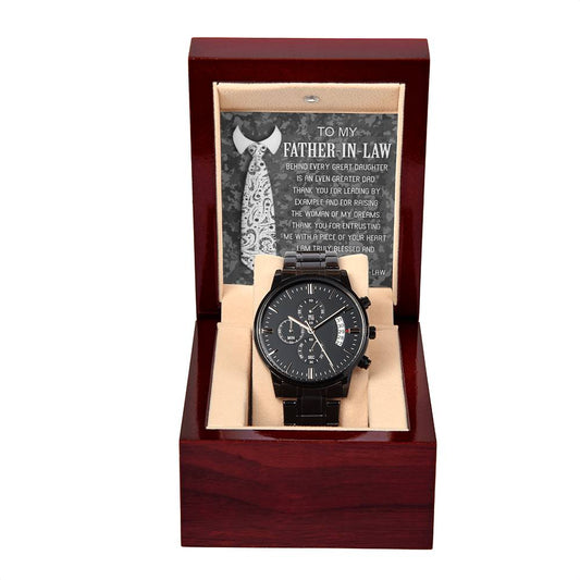 Father-In-Law-Truly Blessed- Black Chronograph Watch with Mahogany Box