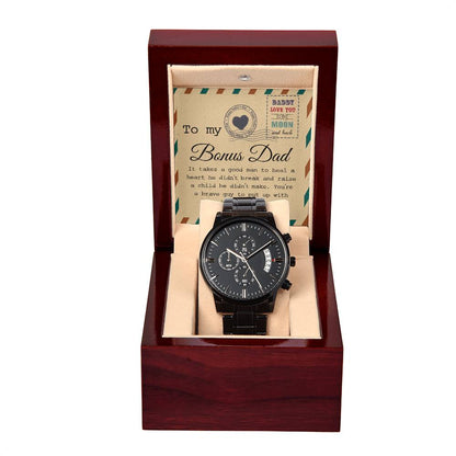 Bonus Dad-Heal A Heart-Metal Chronograph Watch Black Chronograph Watch with Mahogany Box
