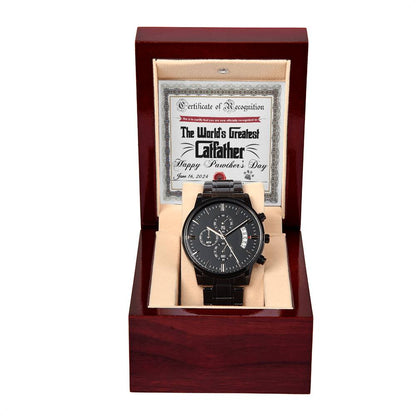 Catfather-Certificate Of Recognition-Metal Chronograph Watch Black Chronograph Watch with Mahogany Box