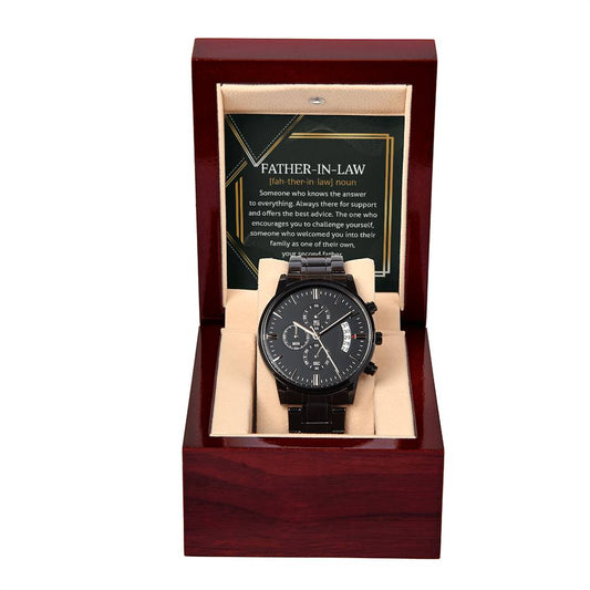 Father-in-Law-Challenge Yourself-Black Chronograph Watch with Mahogany Box