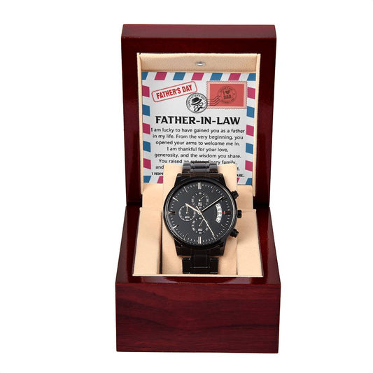 Father-in-law-As A Father-Black Chronograph Watch with Mahogany Box