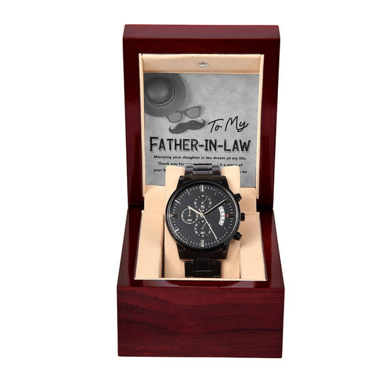 Father-in-Law-Honored To Be-Black Chronograph Watch with Mahogany Box