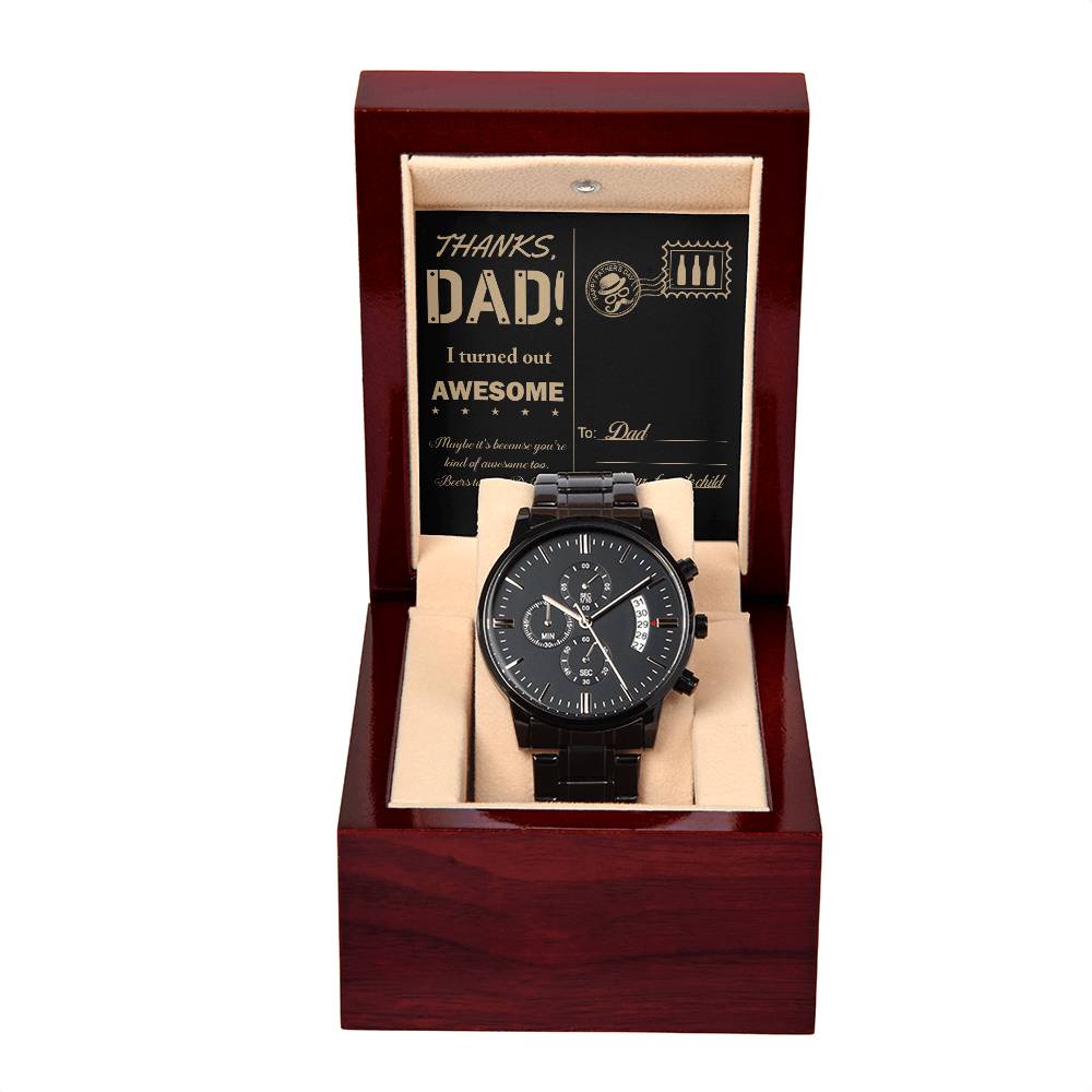 Dad-Kind Of Awesome-Bracelet Black Chronograph Watch with Mahogany Box