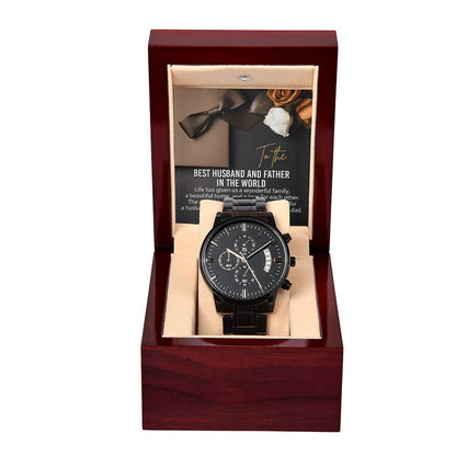Husband-For Each Other-Black Chronograph Watch with Mahogany Box