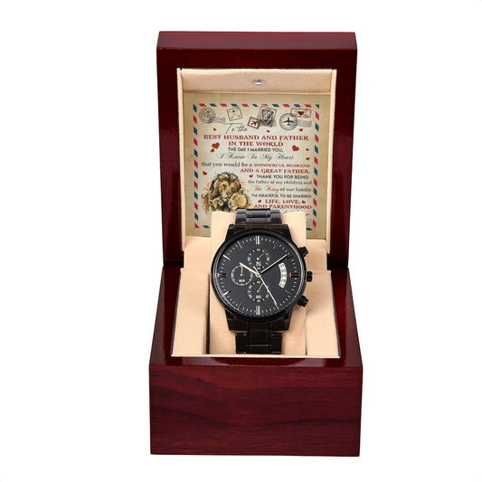 Husband-Great Father-Black Chronograph Watch with Mahogany Box