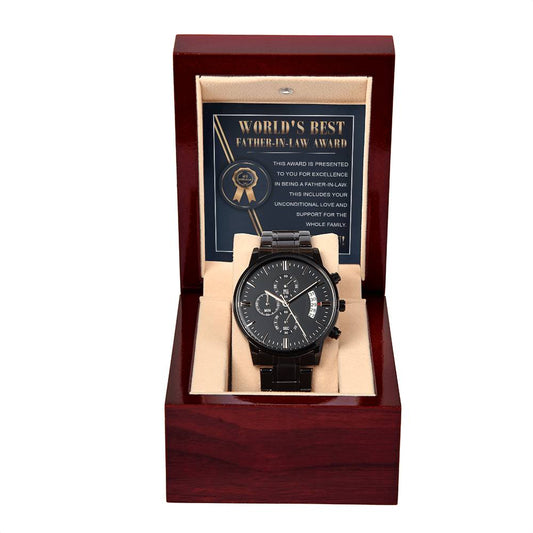 Father-in-Law-Unconditional Love- Black Chronograph Watch with Mahogany Box