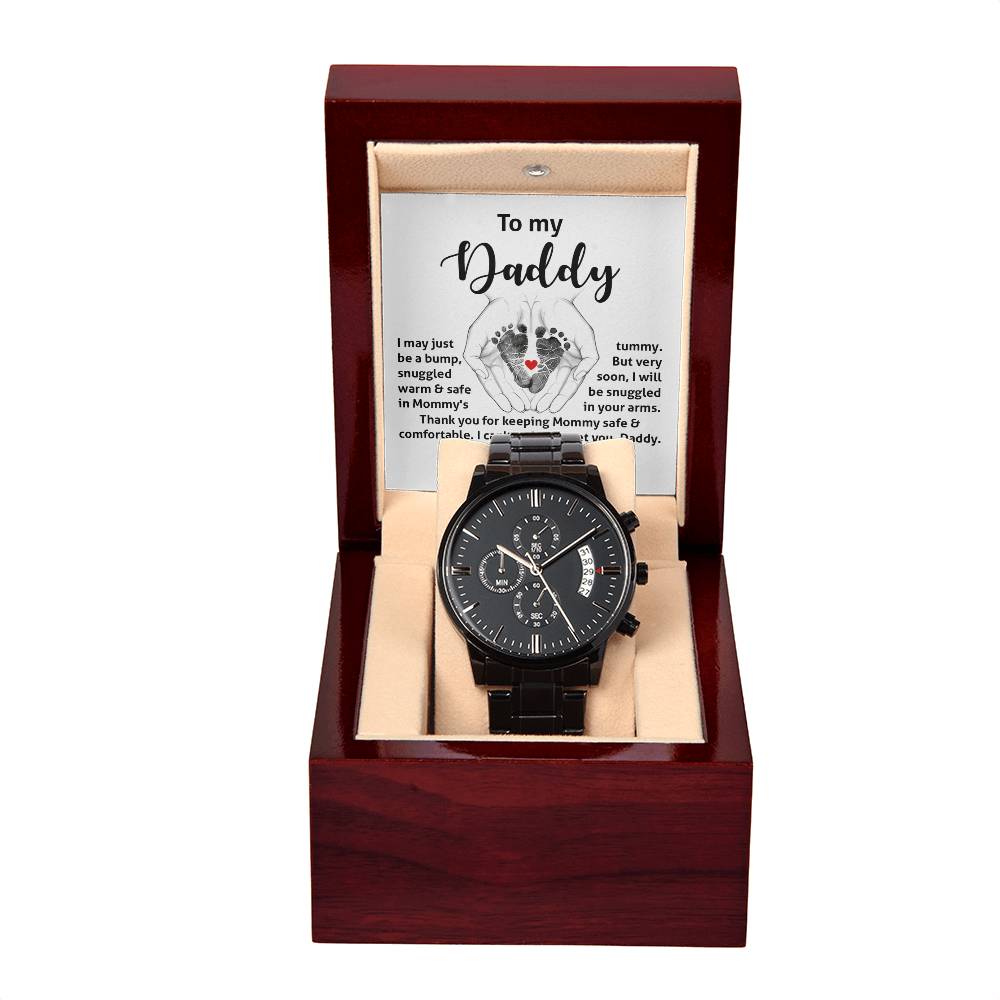 Dad-In Your Arms-050724d Black Chronograph Watch with Mahogany Box