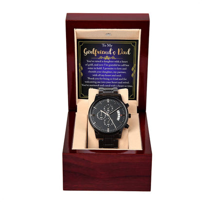 Girlfriend_s Dad-Heart Of Gold- Black Chronograph Watch with Mahogany Box