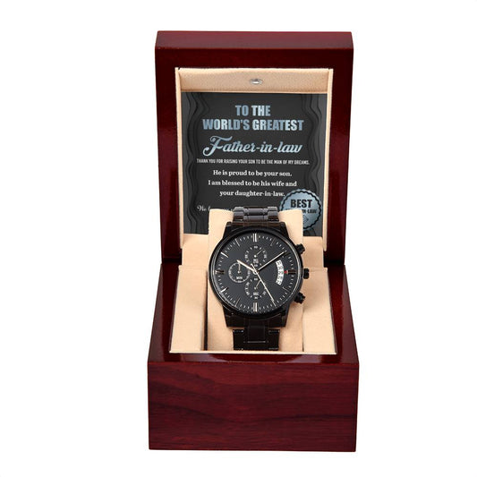 Father-in-Law-Proud To Be-Black Chronograph Watch with Mahogany Box