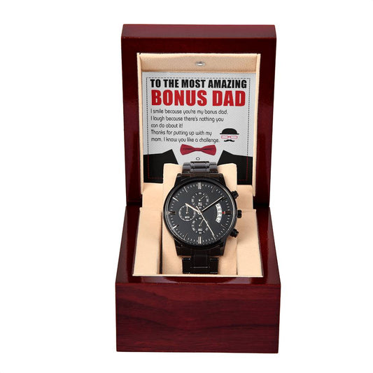 Bonus Dad-Like A Challenge-Metal Chronograph Watch Black Chronograph Watch with Mahogany Box