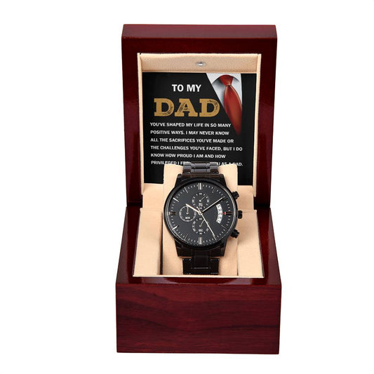 Dad-Shaped My Life-050724d Black Chronograph Watch with Mahogany Box