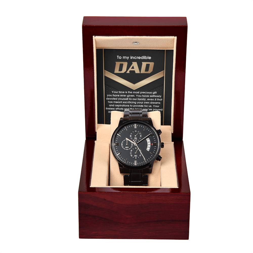 Dad-Most Precious Gift-050724d Black Chronograph Watch with Mahogany Box