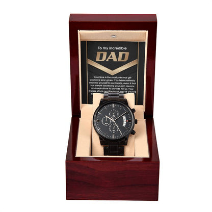 Dad-Most Precious Gift-050724d Black Chronograph Watch with Mahogany Box