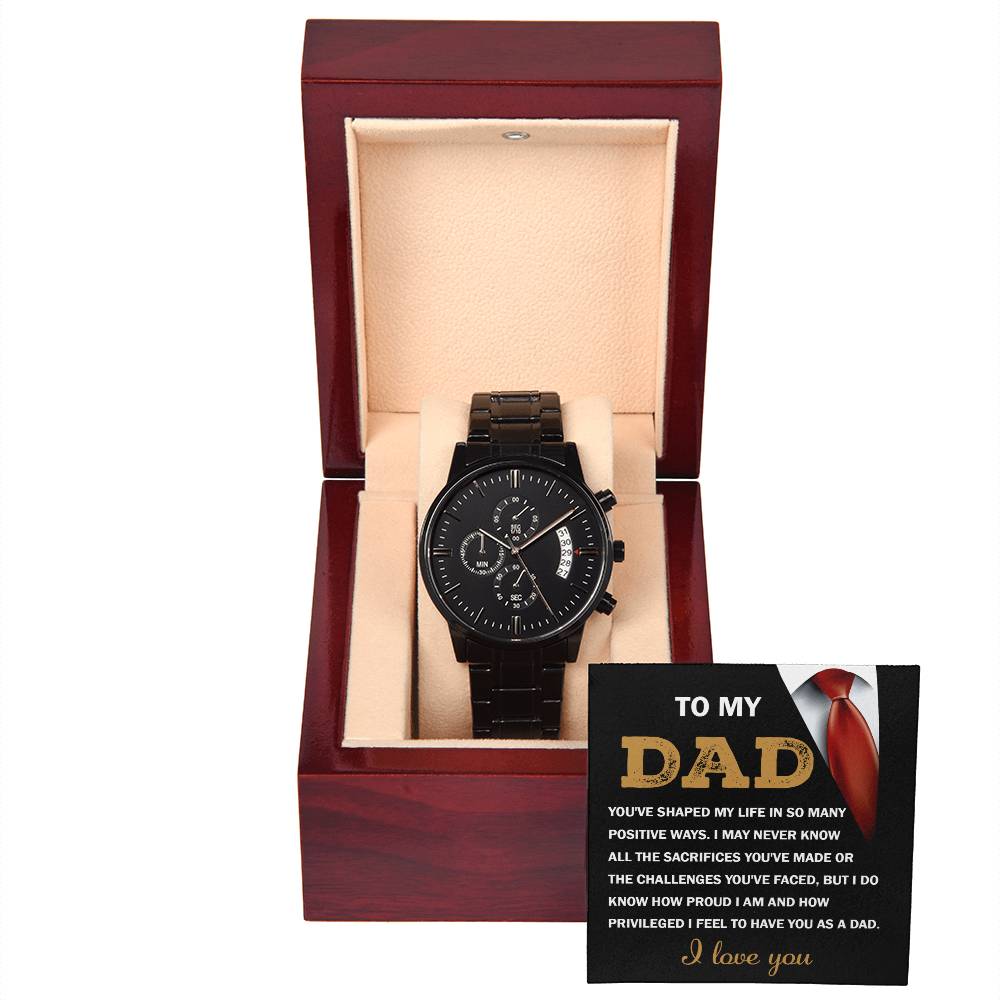 Dad-Shaped My Life-050724d Black Chronograph Watch with Mahogany Box