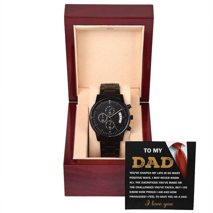 Dad-Shaped My Life-050724d Black Chronograph Watch with Mahogany Box