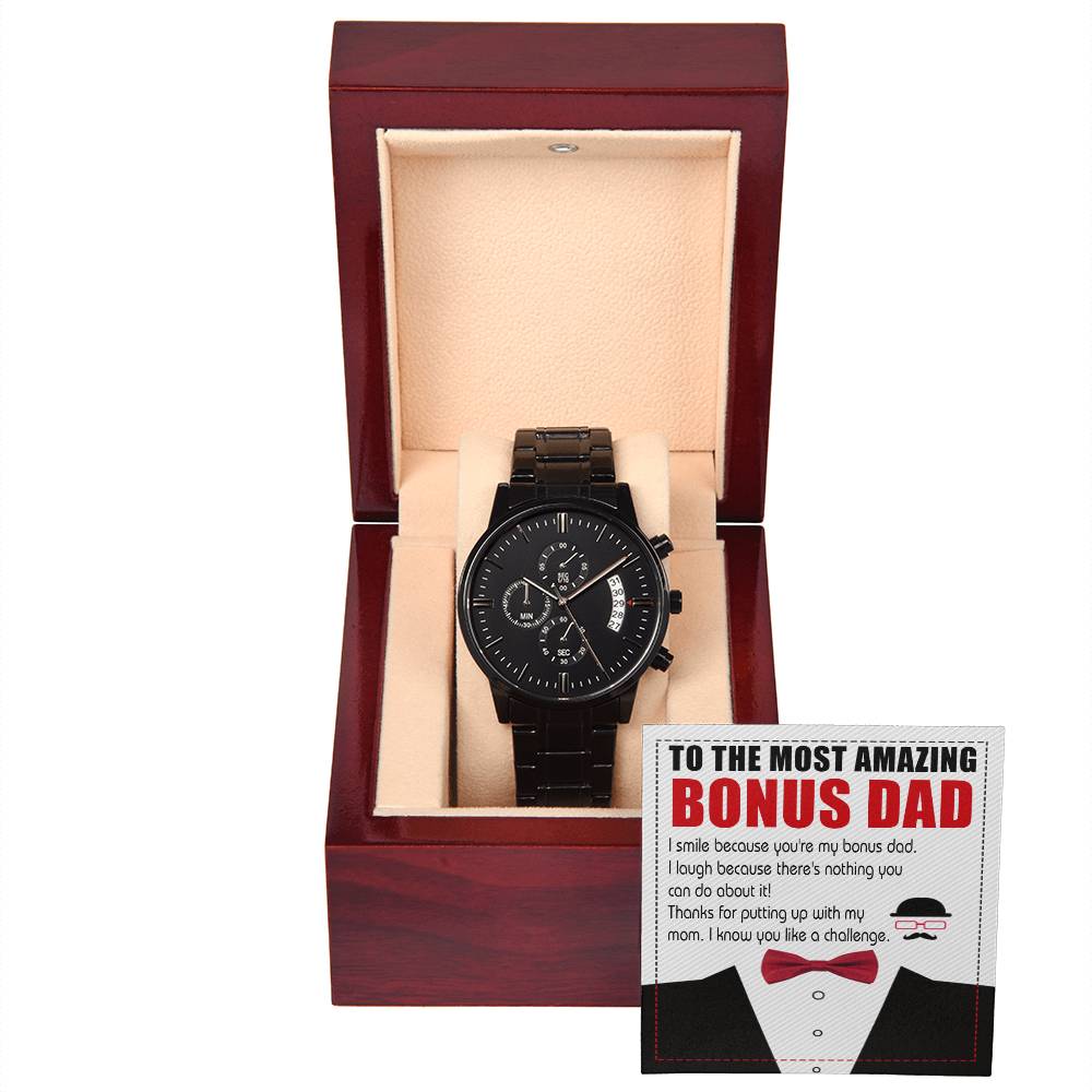 Bonus Dad-Like A Challenge-Metal Chronograph Watch Black Chronograph Watch with Mahogany Box