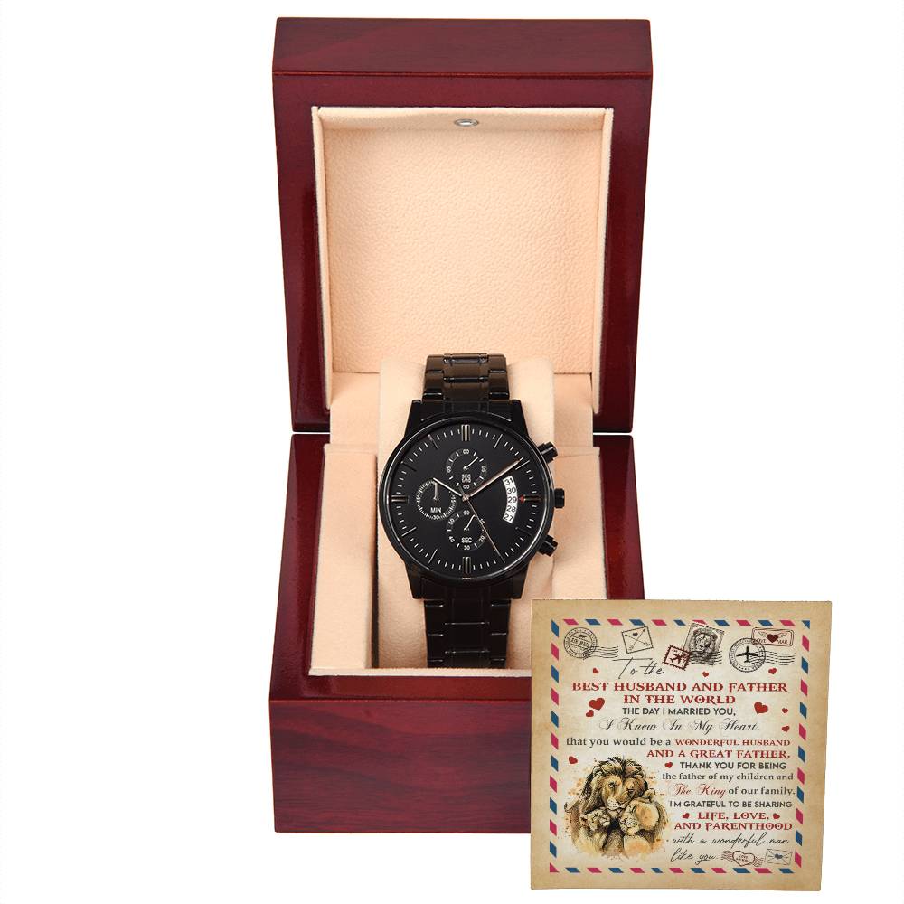 Husband-Great Father-Black Chronograph Watch with Mahogany Box