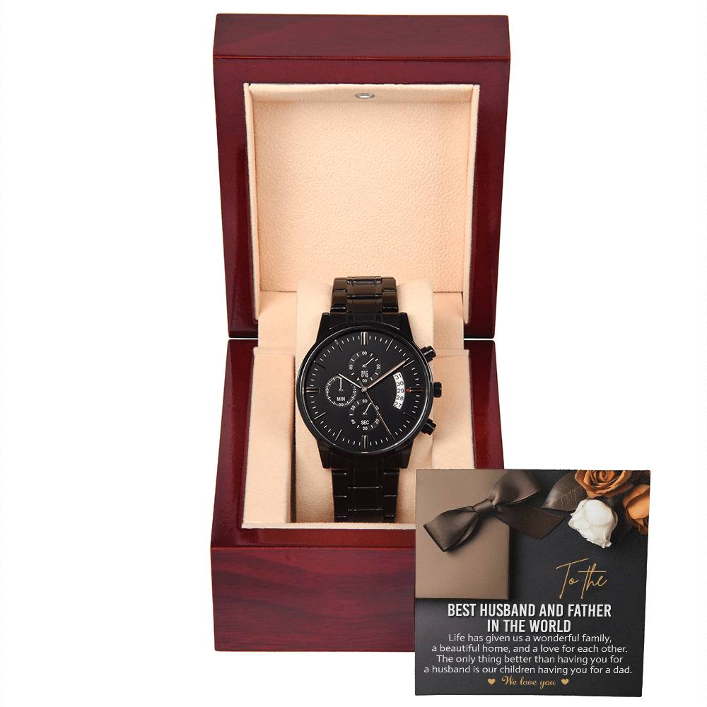 Husband-For Each Other-Black Chronograph Watch with Mahogany Box