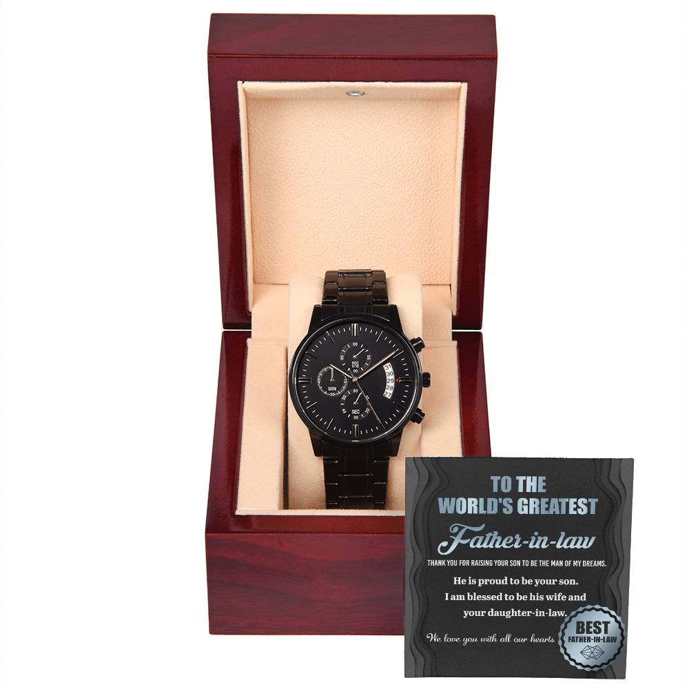 Father-in-Law-Proud To Be-Black Chronograph Watch with Mahogany Box