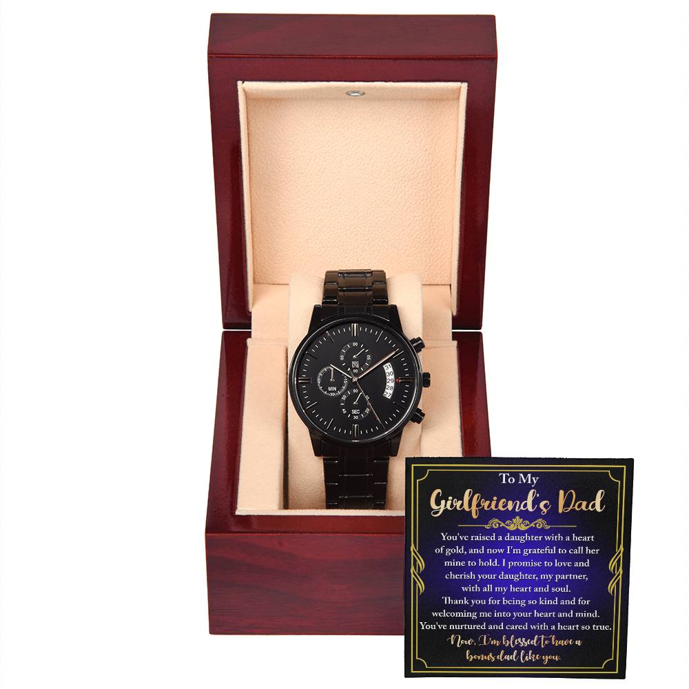 Girlfriend_s Dad-Heart Of Gold- Black Chronograph Watch with Mahogany Box